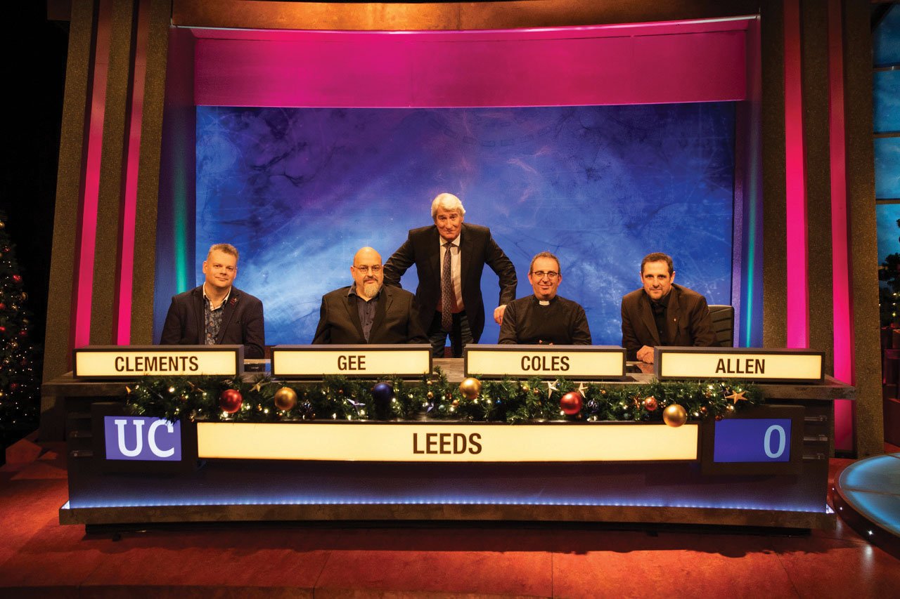 Read more about Top: the winning Leeds team: Jonathan Clements, Henry Gee, Richard Coles and Tim Allen Bottom: the finalists from Leeds and Wadham College, Oxford - Credit: ITV Studios
